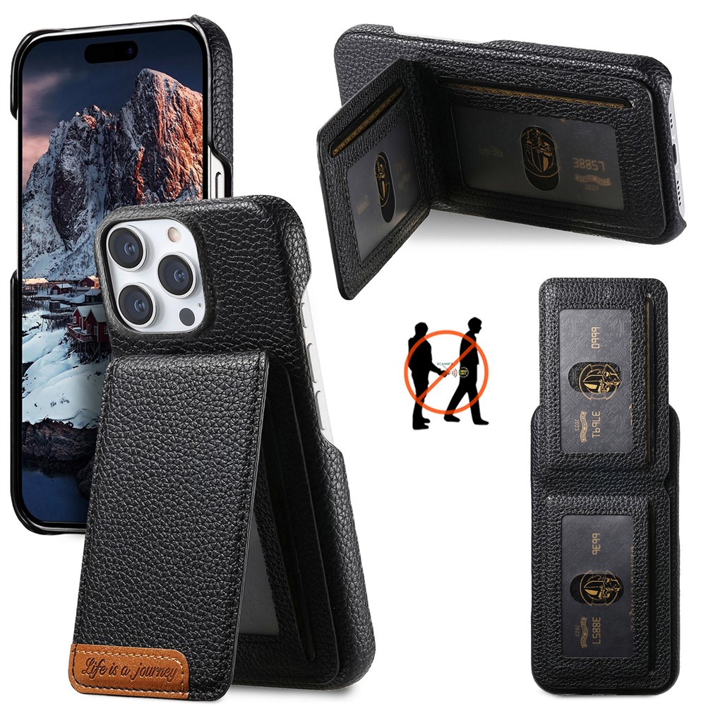 For iPhone 15 Pro Max Case RFID Blocking Card Holder Litchi Texture Leather Back Cover - Black