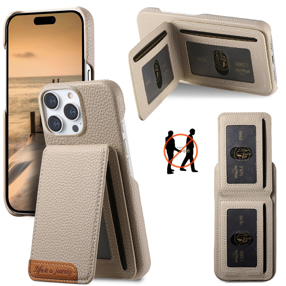 For iPhone 15 Pro Max Case RFID Blocking Card Holder Litchi Texture Leather Back Cover - Khaki