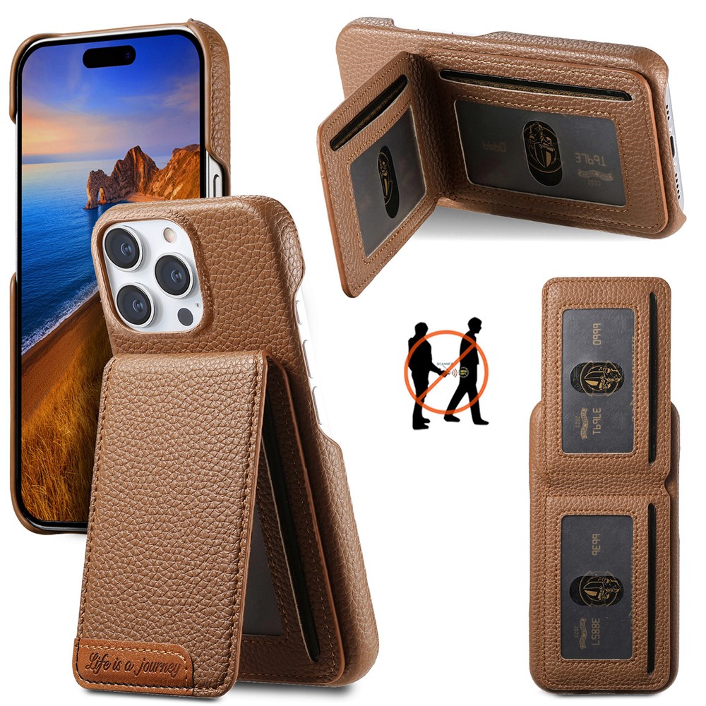 For iPhone 15 Pro Case RFID Blocking Card Holder Litchi Texture Leather Back Cover - Brown