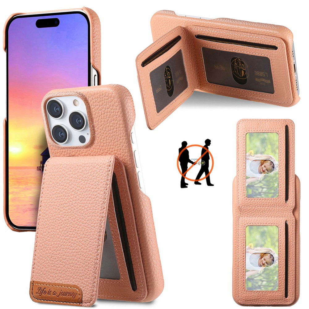 For iPhone 15 Pro Case RFID Blocking Card Holder Litchi Texture Leather Back Cover - Pink