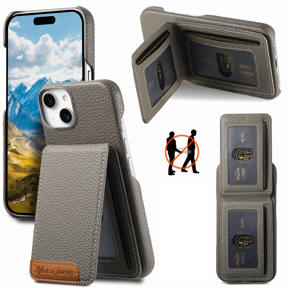 For iPhone 15 Case RFID Blocking Card Holder Litchi Texture Leather Back Cover - Grey