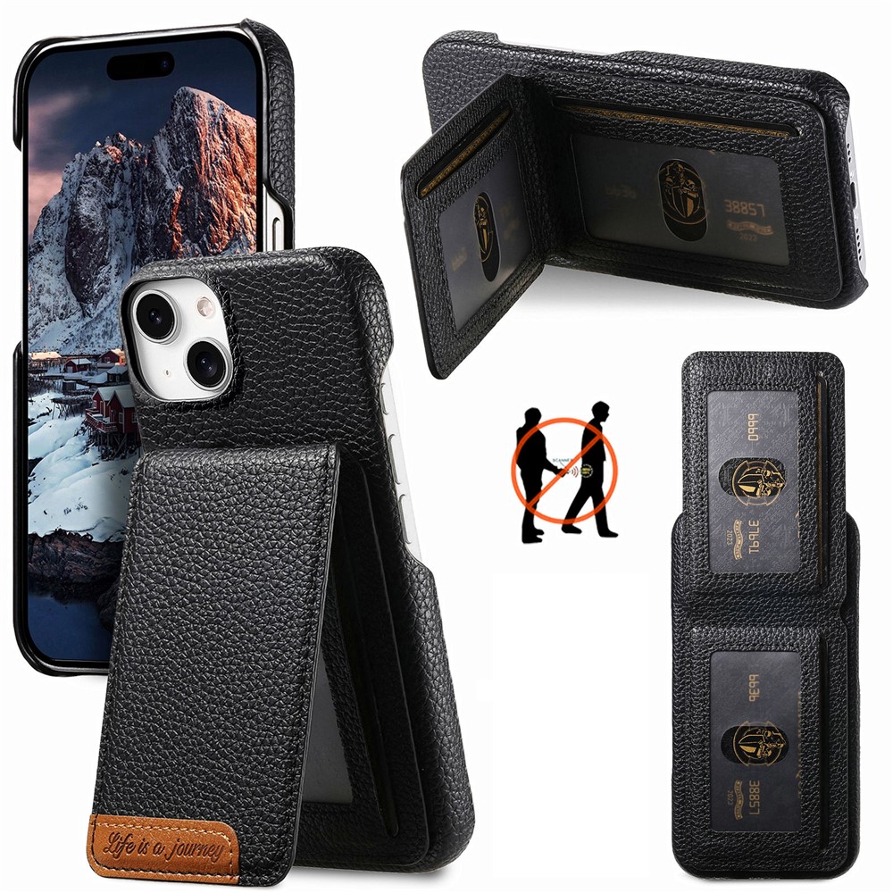 For iPhone 15 Case RFID Blocking Card Holder Litchi Texture Leather Back Cover - Black