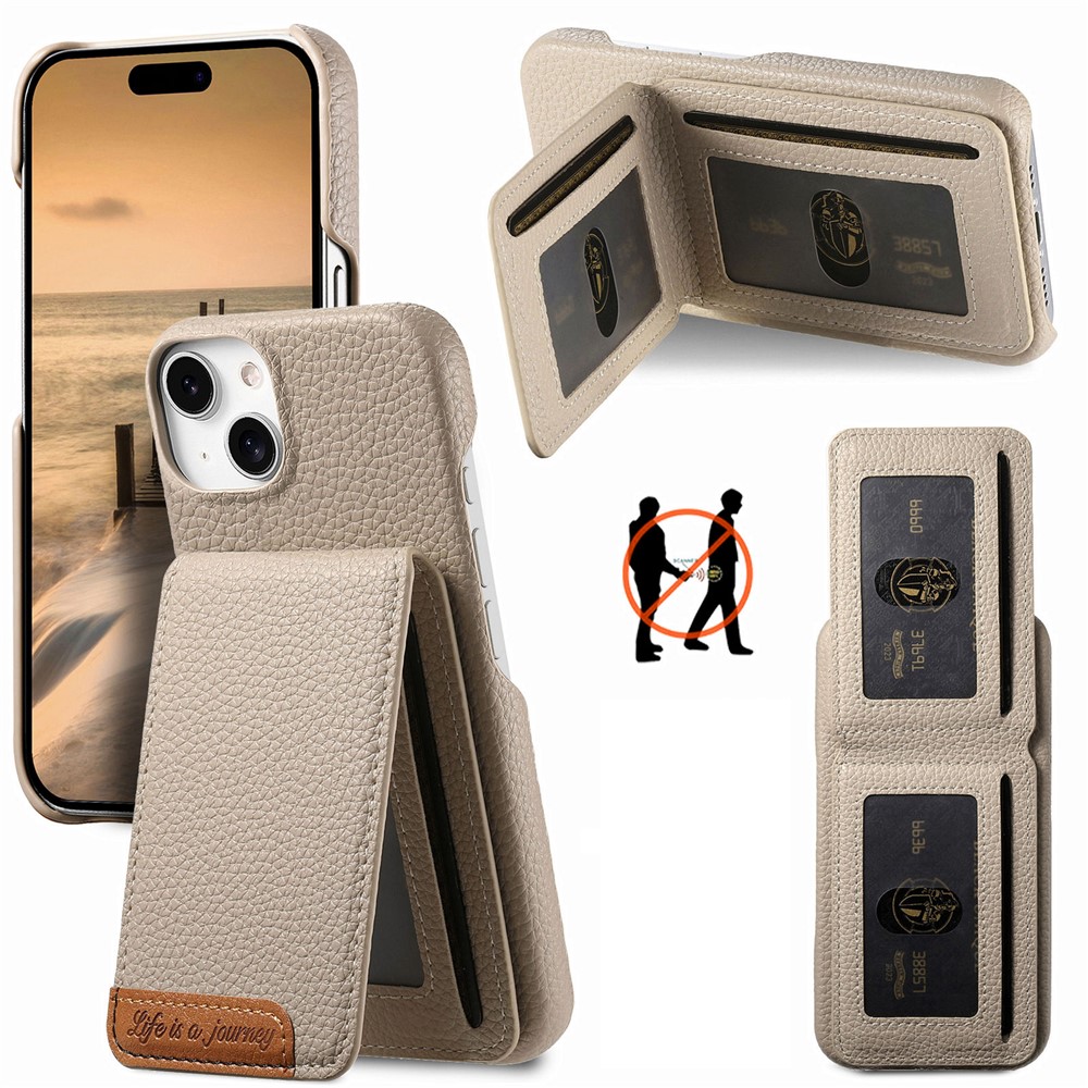 For iPhone 15 Case RFID Blocking Card Holder Litchi Texture Leather Back Cover - Khaki