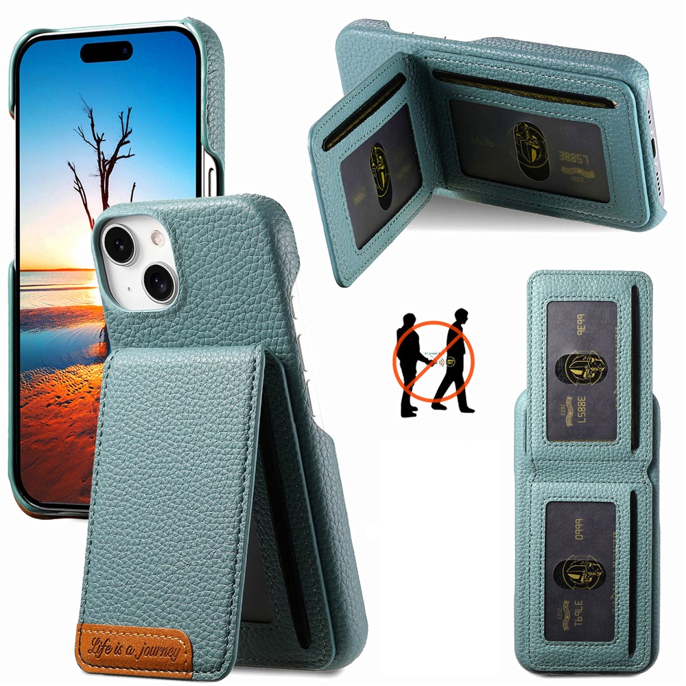 For iPhone 15 Case RFID Blocking Card Holder Litchi Texture Leather Back Cover - Sky Blue