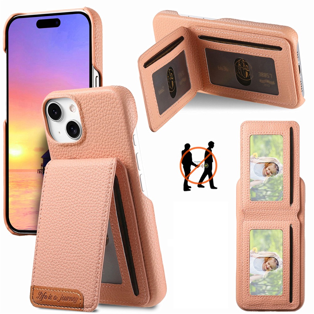 For iPhone 15 Case RFID Blocking Card Holder Litchi Texture Leather Back Cover - Pink