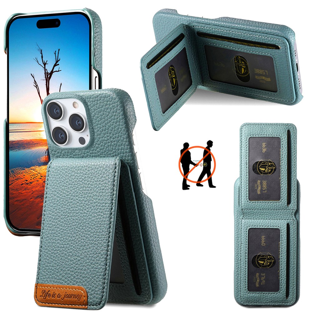 For iPhone 16 Pro Max Case RFID Blocking Card Holder Litchi Texture Leather Back Cover - Sky Blue