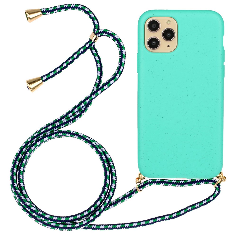 Bulk Purchasing For iPhone 14 Pro Eco Friendly Case with Lanyard Compostable Wheat Straw+TPU Phone Cover - Sky Blue