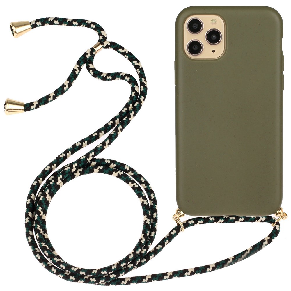 Bulk Purchasing For iPhone 14 Pro Max Eco Friendly Case with Lanyard Compostable Wheat Straw+TPU Phone Cover - Army Green