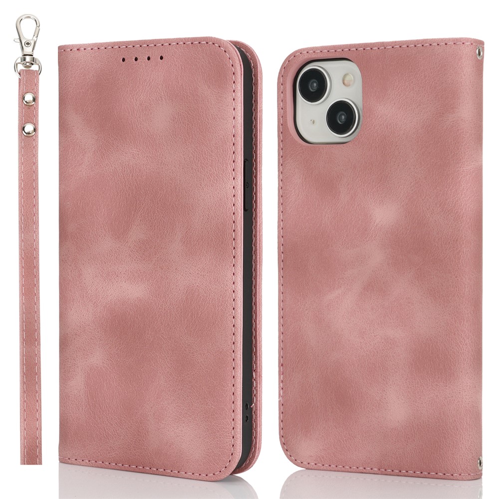 For iPhone 14 / 13 Stand Case Magnetic Closure Skin Touch Leather Flip Phone Cover with Wallet - Pink