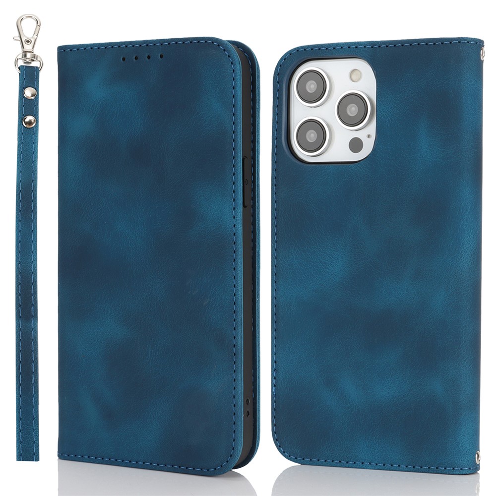 Stand Case for iPhone 13 Pro Max / 12 Pro Max Magnetic Closure Skin Touch Leather Flip Phone Cover with Wallet - Blue
