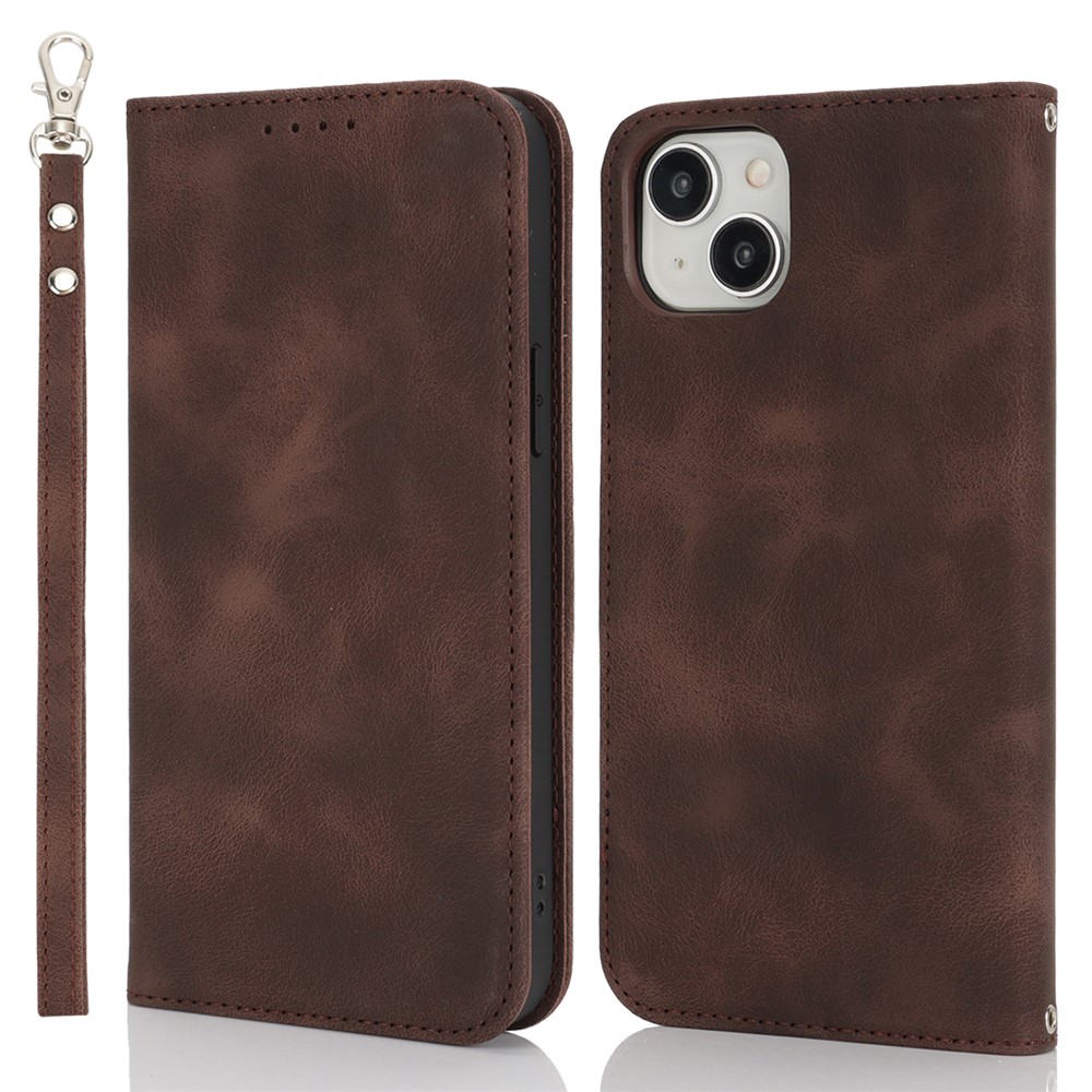 For iPhone 15 Plus  /  14 Plus Stand Case Magnetic Closure Skin Touch Leather Flip Phone Cover with Wallet - Coffee