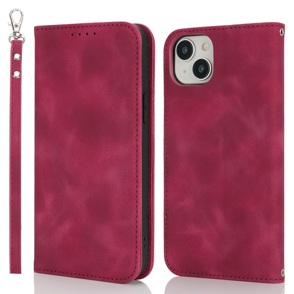 For iPhone 15 Plus  /  14 Plus Stand Case Magnetic Closure Skin Touch Leather Flip Phone Cover with Wallet - Red