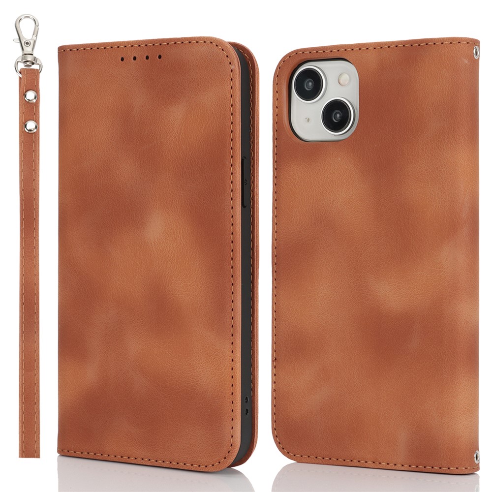 For iPhone 15 Plus / 14 Plus Stand Case Magnetic Closure Skin Touch Leather Flip Phone Cover with Wallet - Brown