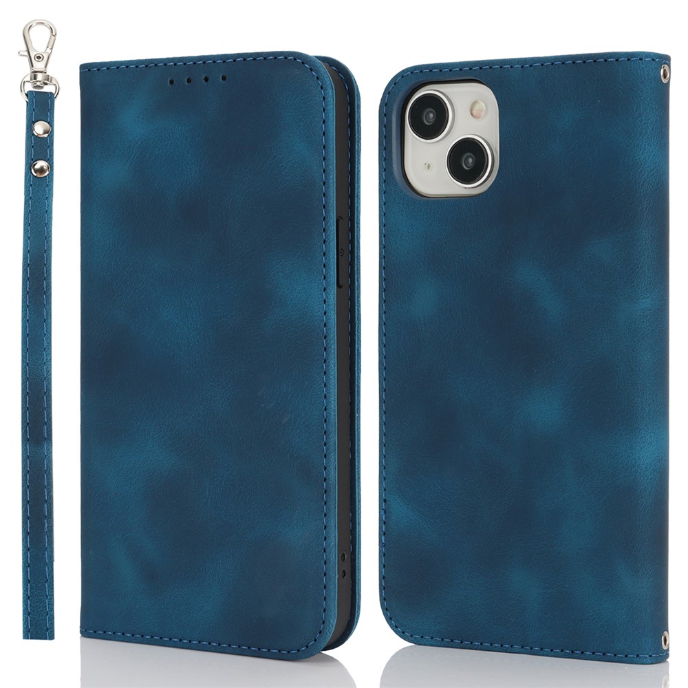 For iPhone 15 Plus / 14 Plus Stand Case Magnetic Closure Skin Touch Leather Flip Phone Cover with Wallet - Blue