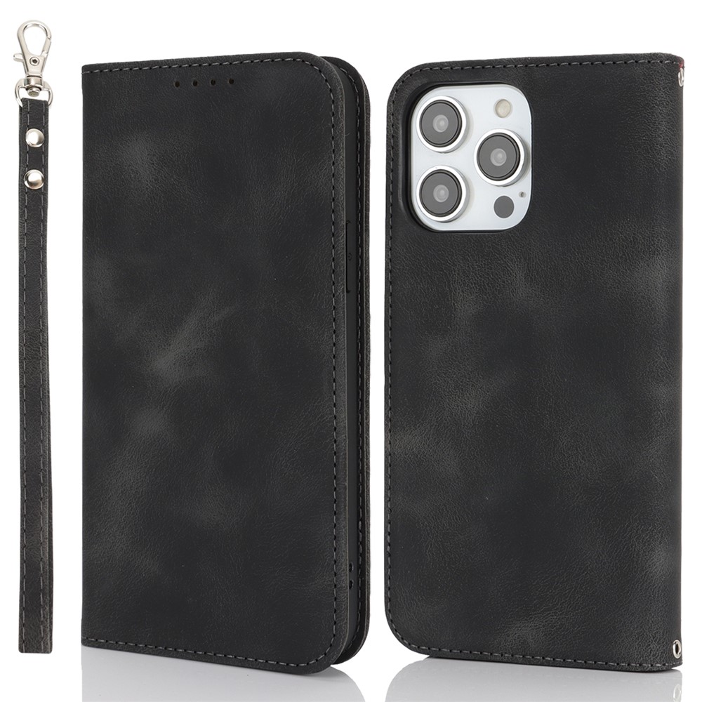 For iPhone 14 Pro Max Stand Case Magnetic Closure Skin Touch Leather Flip Phone Cover with Wallet - Black