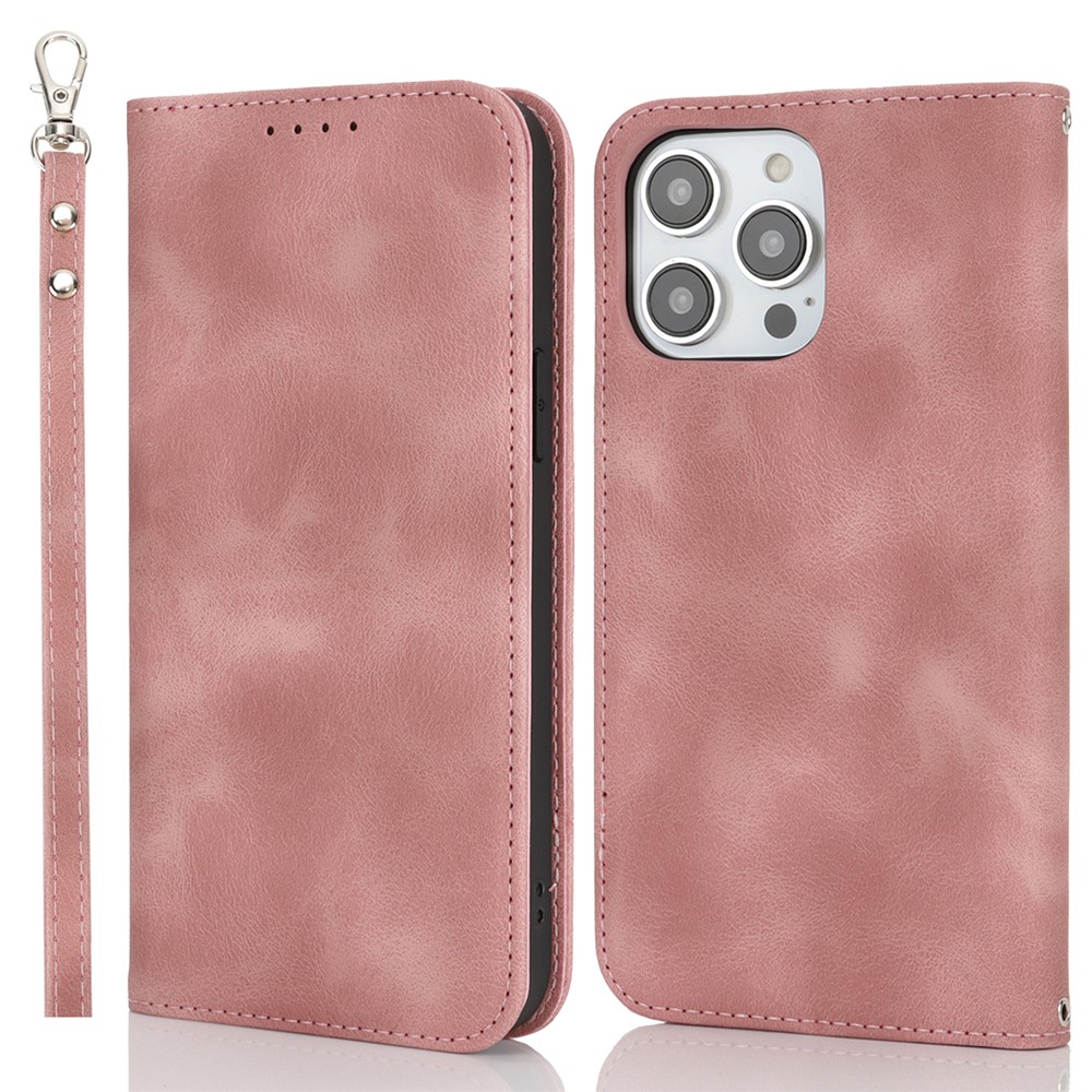 For iPhone 14 Pro Max Stand Case Magnetic Closure Skin Touch Leather Flip Phone Cover with Wallet - Pink