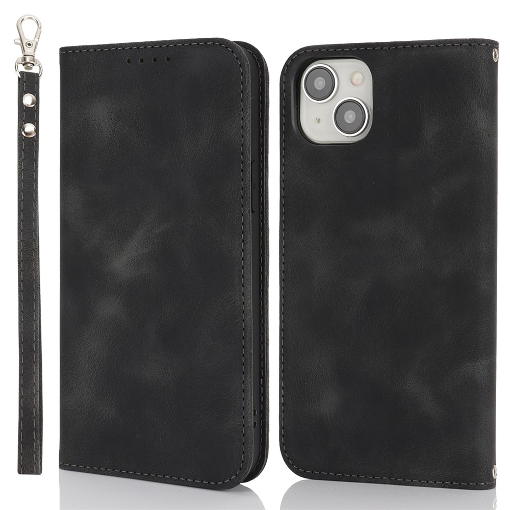 For iPhone 15 Stand Case Magnetic Closure Skin Touch Leather Flip Phone Cover with Wallet - Black