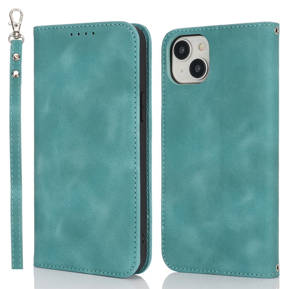 For iPhone 15 Stand Case Magnetic Closure Skin Touch Leather Flip Phone Cover with Wallet - Cyan