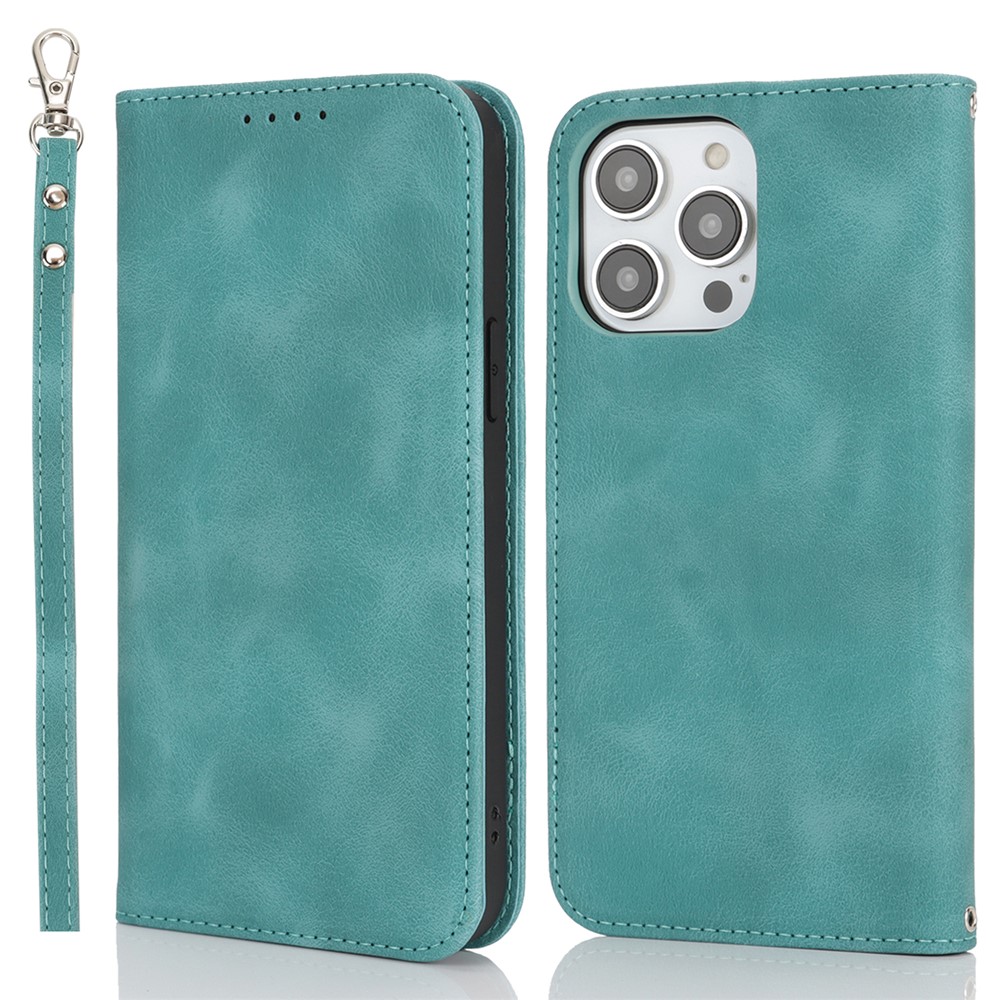 For iPhone 15 Pro Max Stand Case Magnetic Closure Skin Touch Leather Flip Phone Cover with Wallet - Cyan