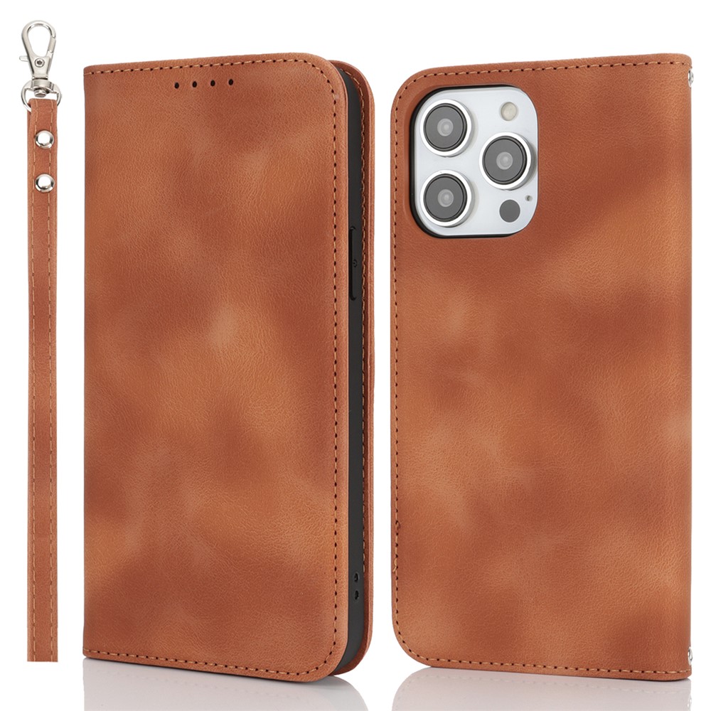For iPhone 15 Pro Max Stand Case Magnetic Closure Skin Touch Leather Flip Phone Cover with Wallet - Brown