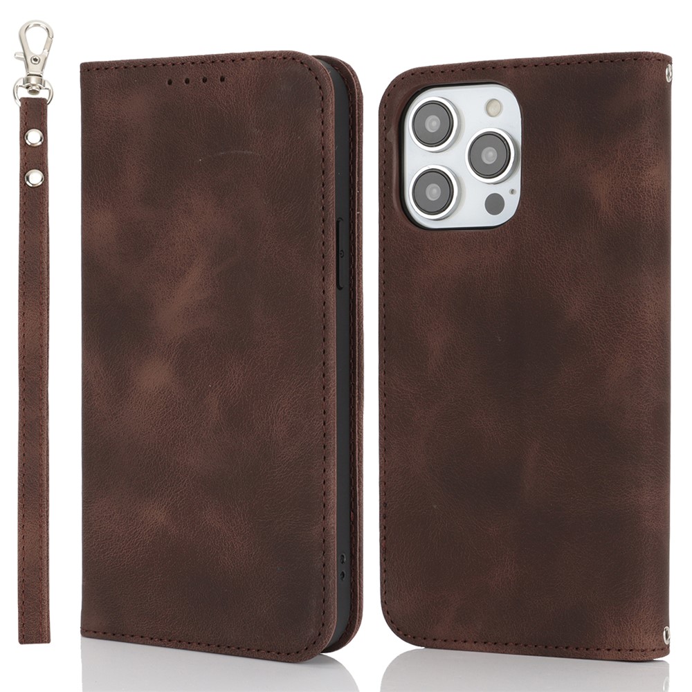 For iPhone 15 Pro Max Stand Case Magnetic Closure Skin Touch Leather Flip Phone Cover with Wallet - Coffee