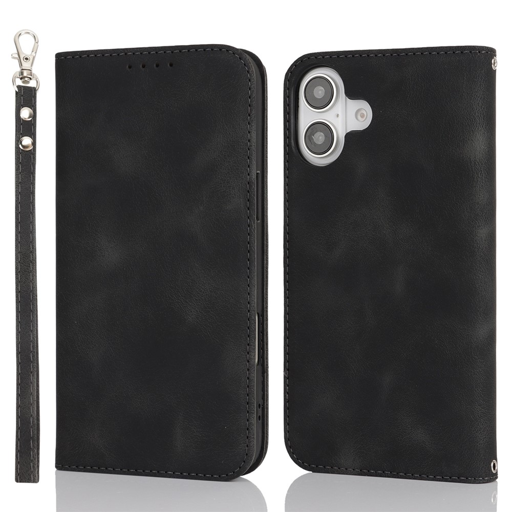 For iPhone 16 Plus Stand Case Magnetic Closure Skin Touch Leather Flip Phone Cover with Wallet - Black