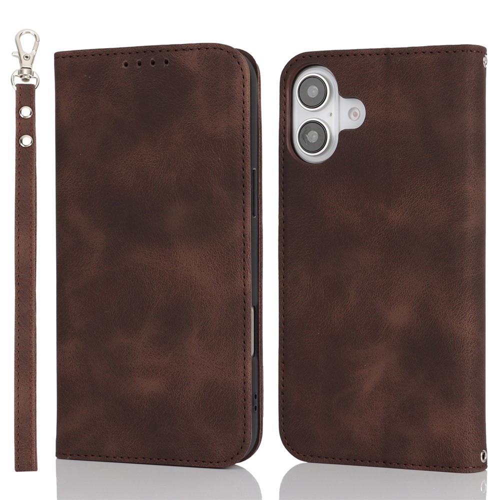 For iPhone 16 Plus Stand Case Magnetic Closure Skin Touch Leather Flip Phone Cover with Wallet - Coffee