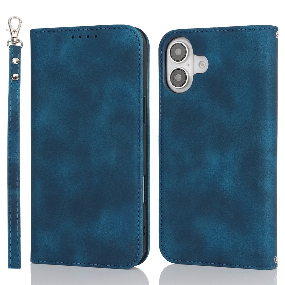 For iPhone 16 Plus Stand Case Magnetic Closure Skin Touch Leather Flip Phone Cover with Wallet - Blue