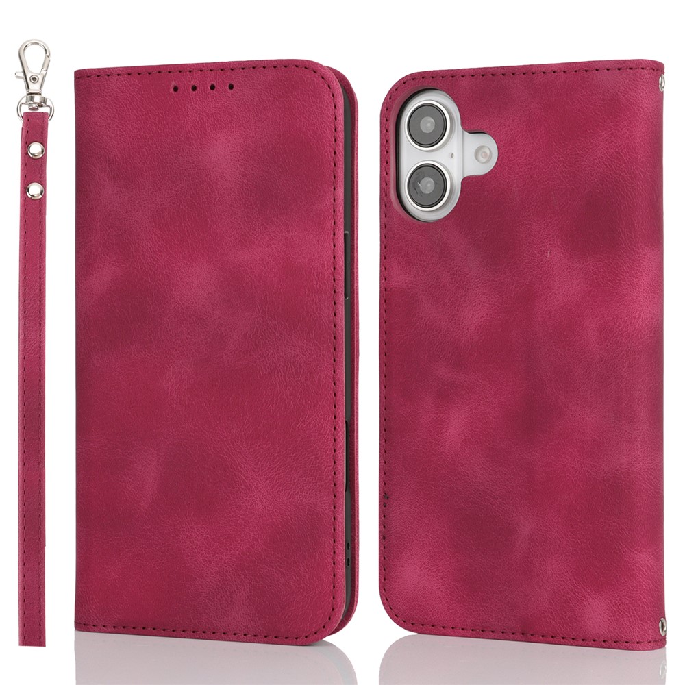 For iPhone 16 Plus Stand Case Magnetic Closure Skin Touch Leather Flip Phone Cover with Wallet - Red