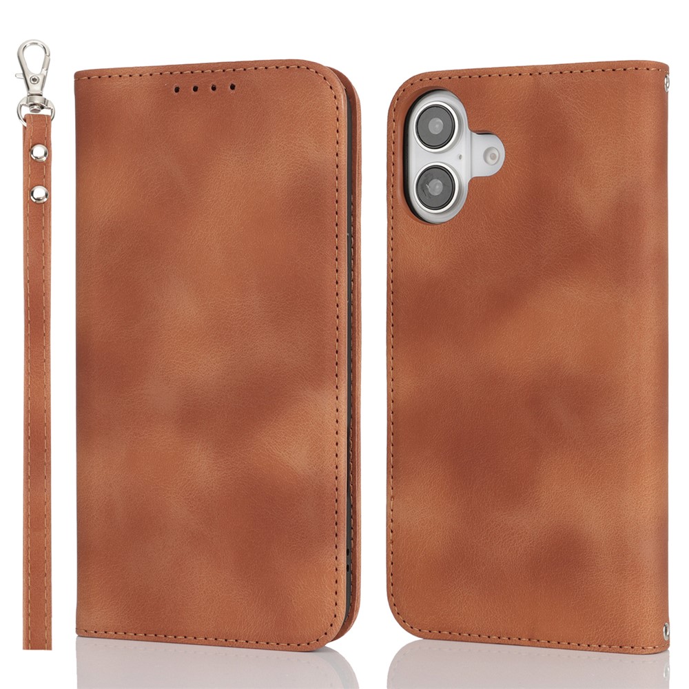 For iPhone 16 Plus Stand Case Magnetic Closure Skin Touch Leather Flip Phone Cover with Wallet - Brown