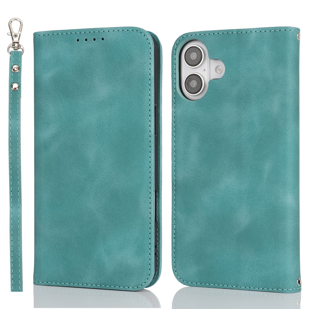 For iPhone 16 Plus Stand Case Magnetic Closure Skin Touch Leather Flip Phone Cover with Wallet - Cyan