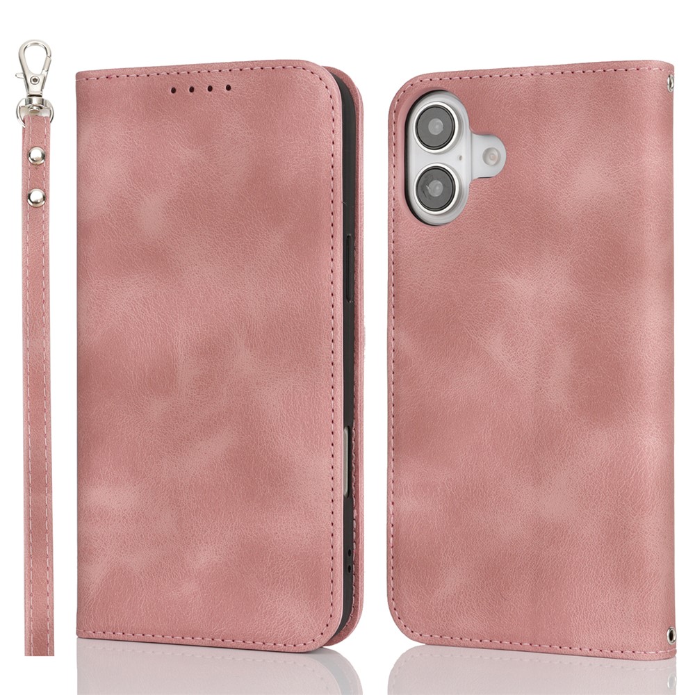 For iPhone 16 Plus Stand Case Magnetic Closure Skin Touch Leather Flip Phone Cover with Wallet - Pink