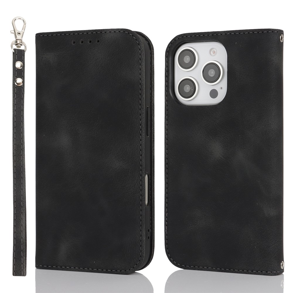 For iPhone 16 Pro Max Stand Case Magnetic Closure Skin Touch Leather Flip Phone Cover with Wallet - Black