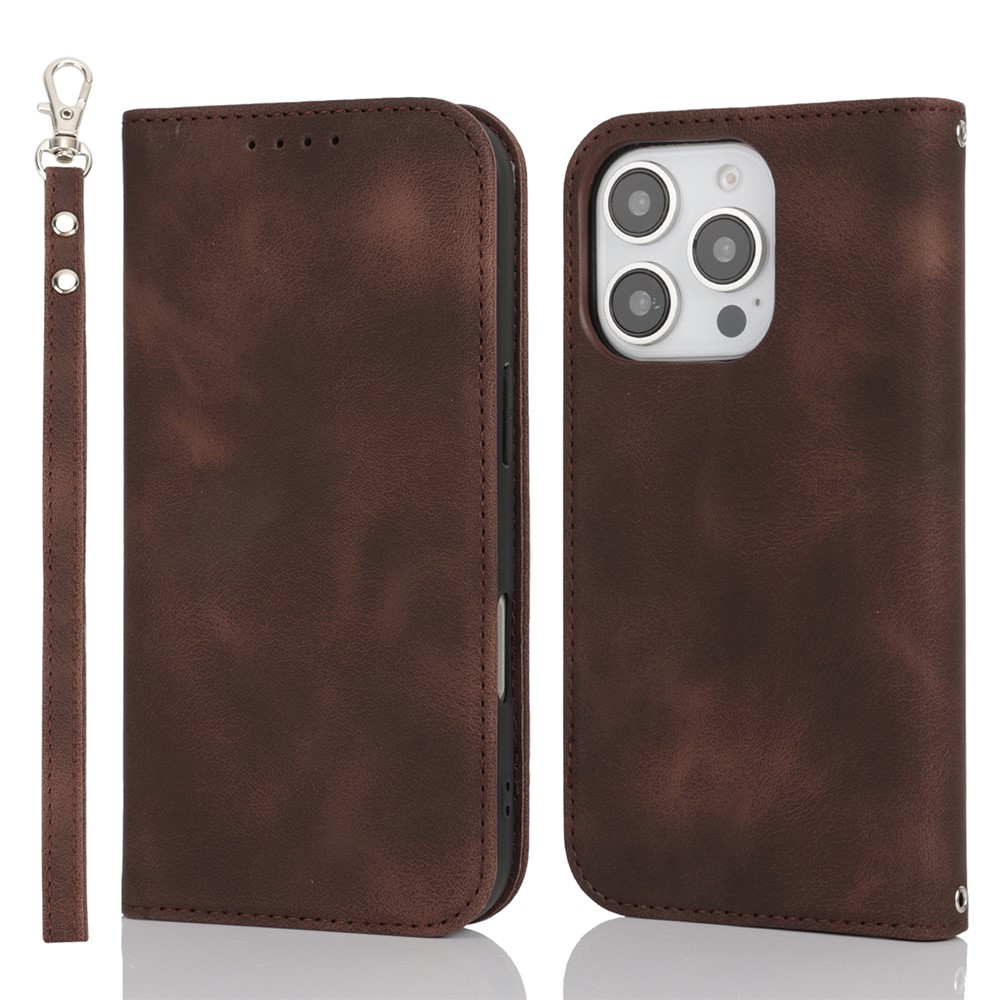 For iPhone 16 Pro Max Stand Case Magnetic Closure Skin Touch Leather Flip Phone Cover with Wallet - Coffee