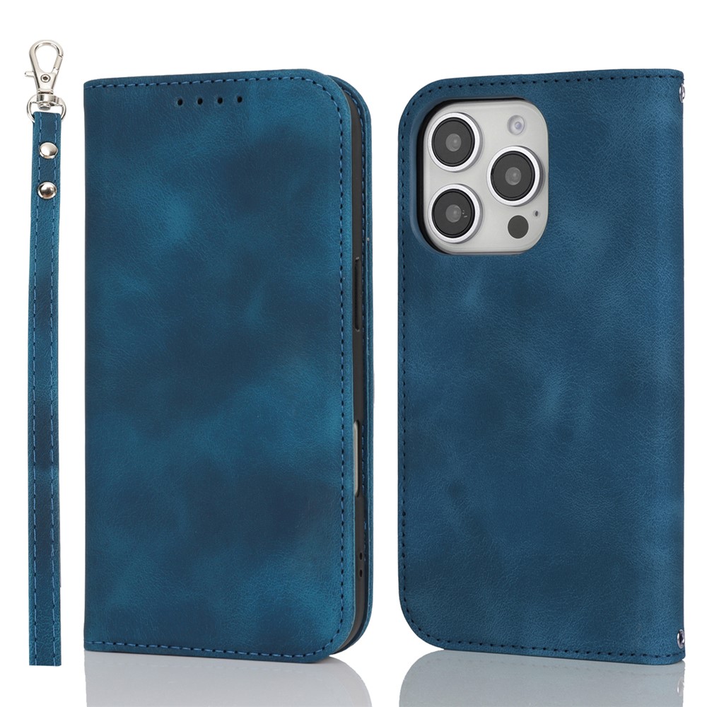 For iPhone 16 Pro Max Stand Case Magnetic Closure Skin Touch Leather Flip Phone Cover with Wallet - Blue