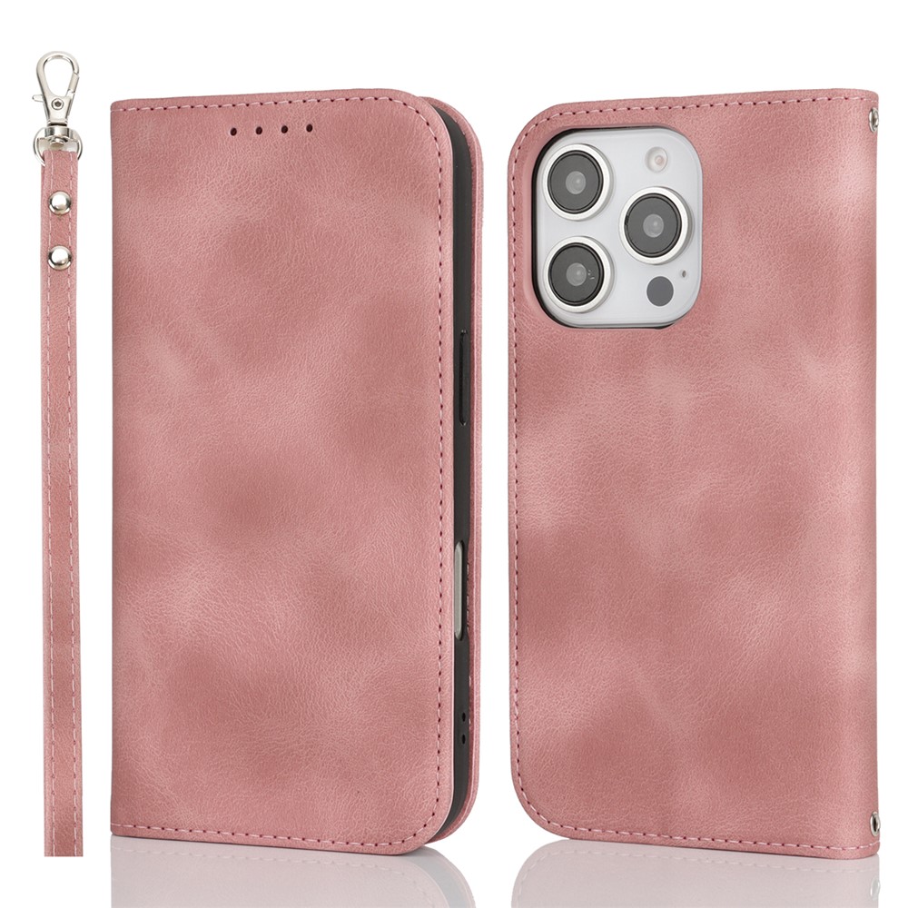 For iPhone 16 Pro Max Stand Case Magnetic Closure Skin Touch Leather Flip Phone Cover with Wallet - Pink