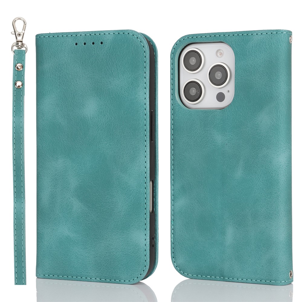 For iPhone 16 Pro Max Stand Case Magnetic Closure Skin Touch Leather Flip Phone Cover with Wallet - Cyan