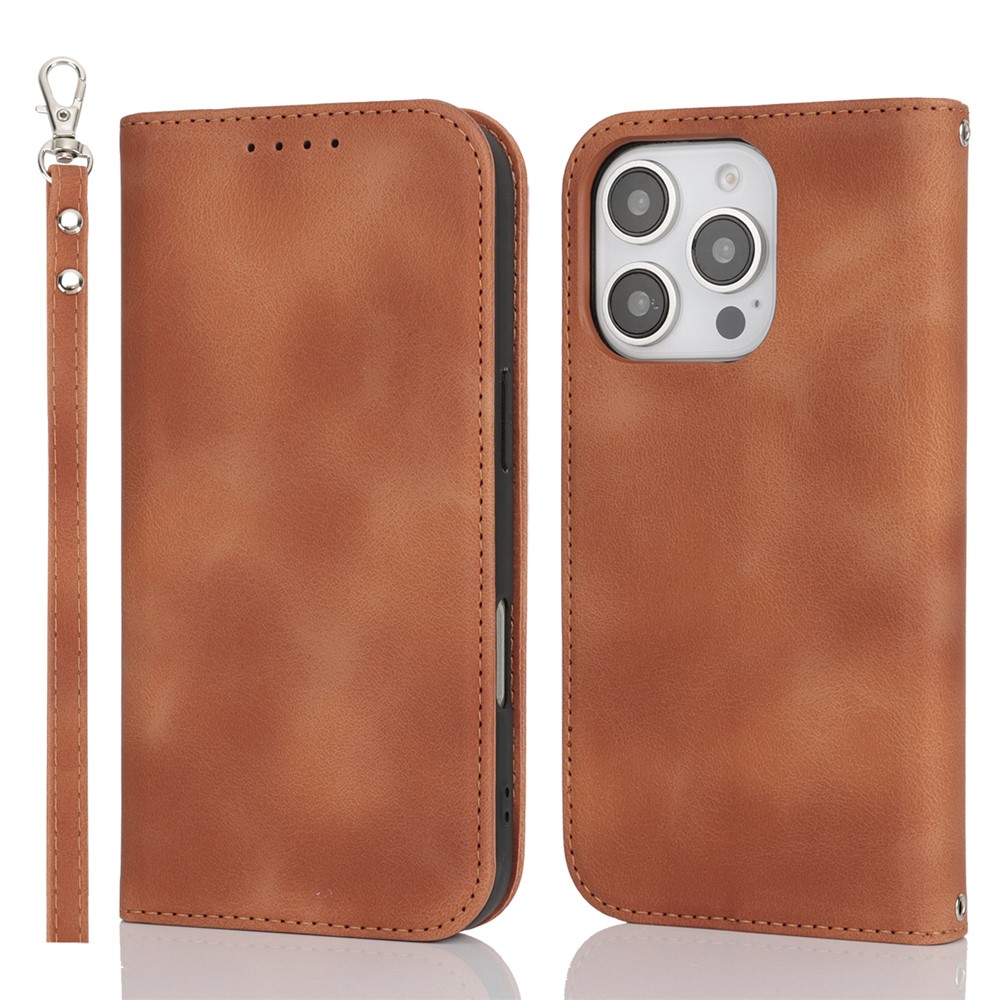 For iPhone 16 Pro Max Stand Case Magnetic Closure Skin Touch Leather Flip Phone Cover with Wallet - Brown