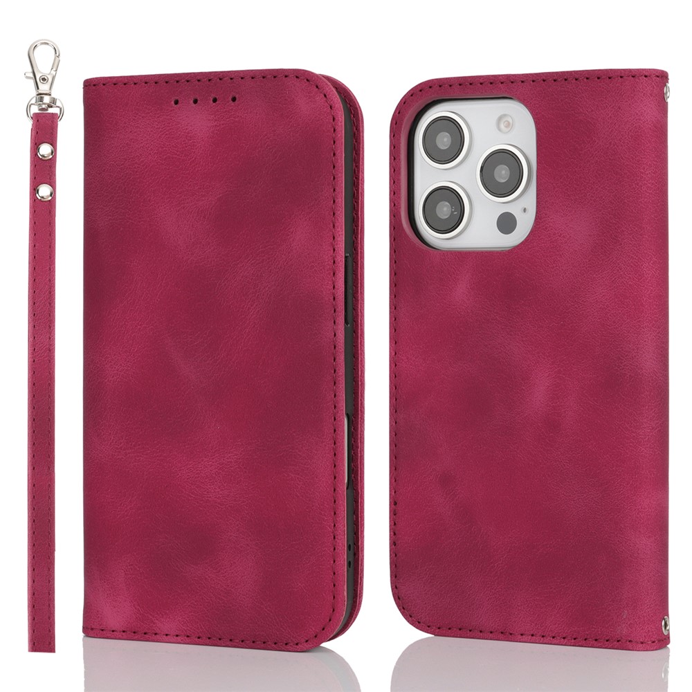 For iPhone 16 Pro Max Stand Case Magnetic Closure Skin Touch Leather Flip Phone Cover with Wallet - Red