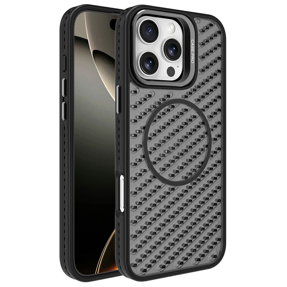 For iPhone 16 Pro Max Magnetic Case PC TPU Back Cover Hollow Design with Lens Kickstand - Black
