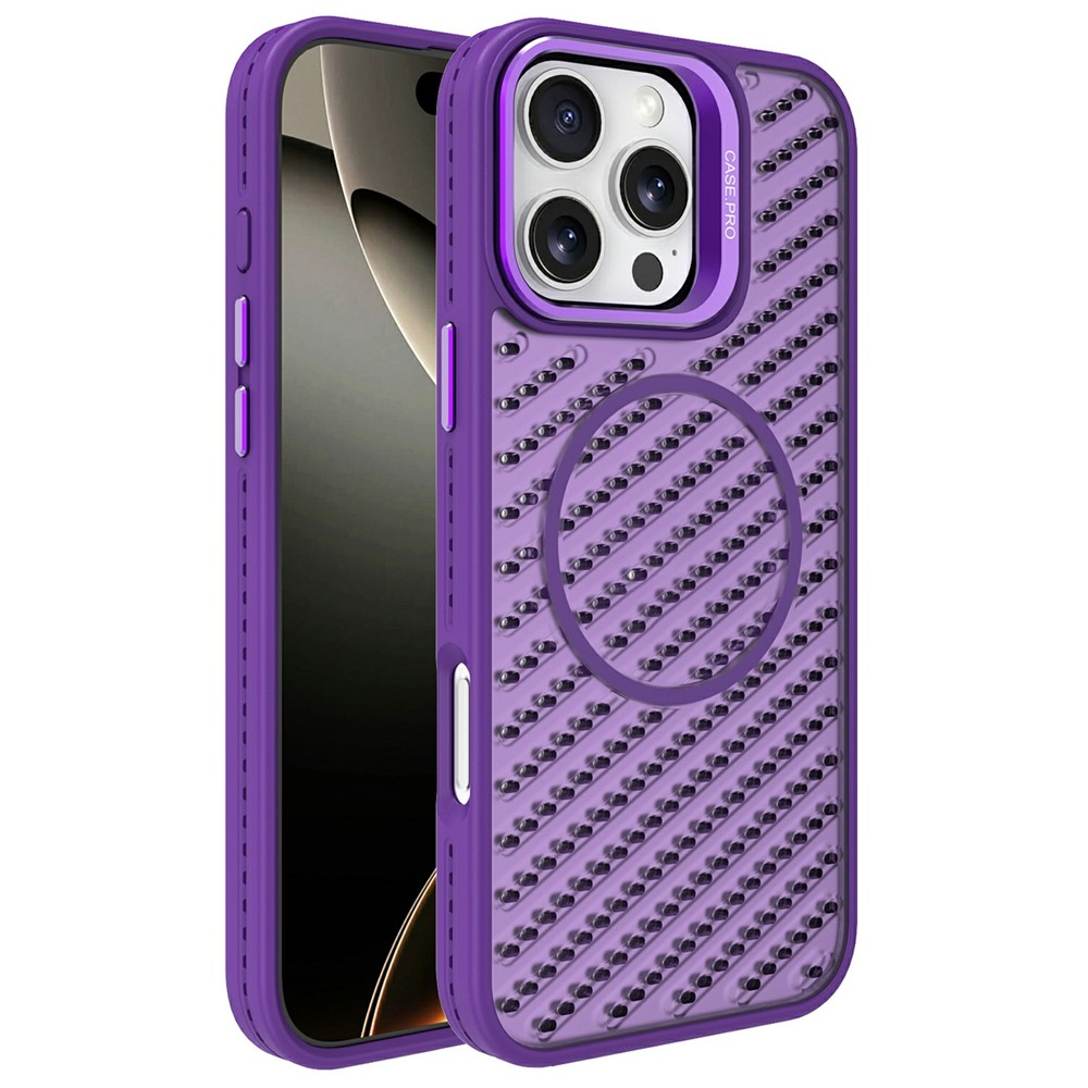 For iPhone 16 Pro Max Magnetic Case PC TPU Back Cover Hollow Design with Lens Kickstand - Dark Purple