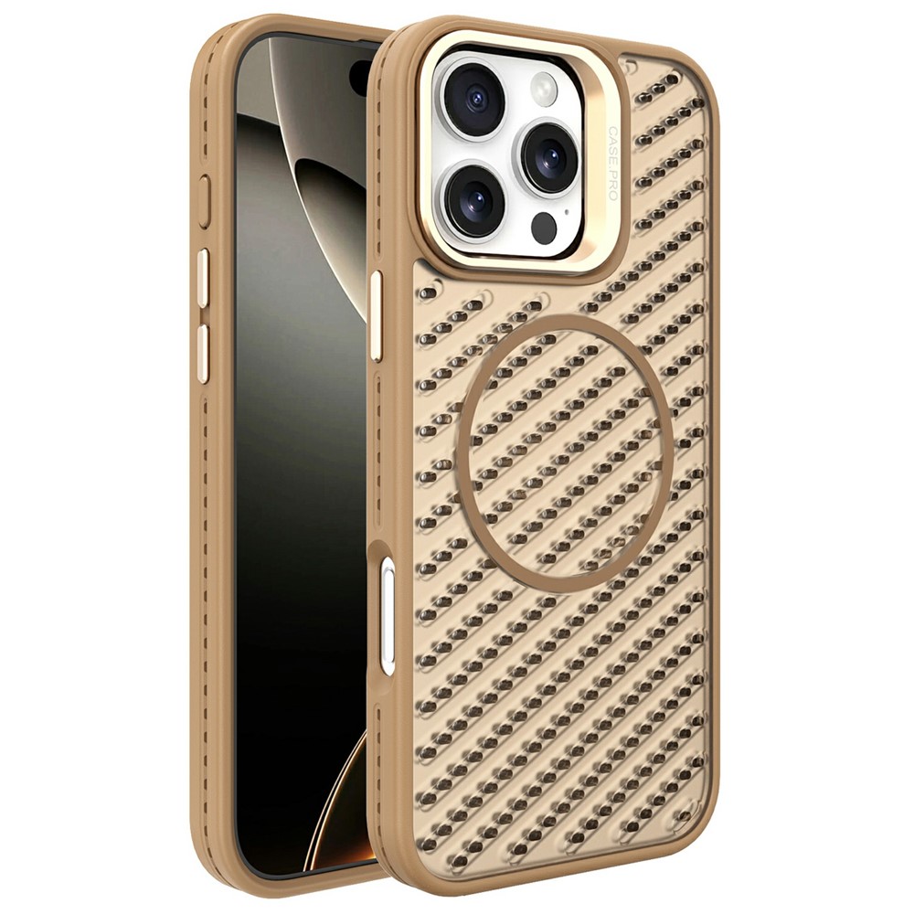 For iPhone 16 Pro Max Magnetic Case PC TPU Back Cover Hollow Design with Lens Kickstand - Gold