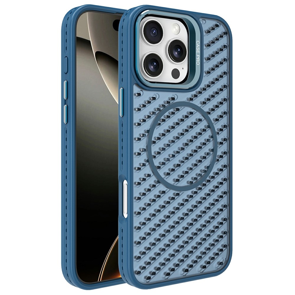 For iPhone 16 Pro Max Magnetic Case PC TPU Back Cover Hollow Design with Lens Kickstand - Blue