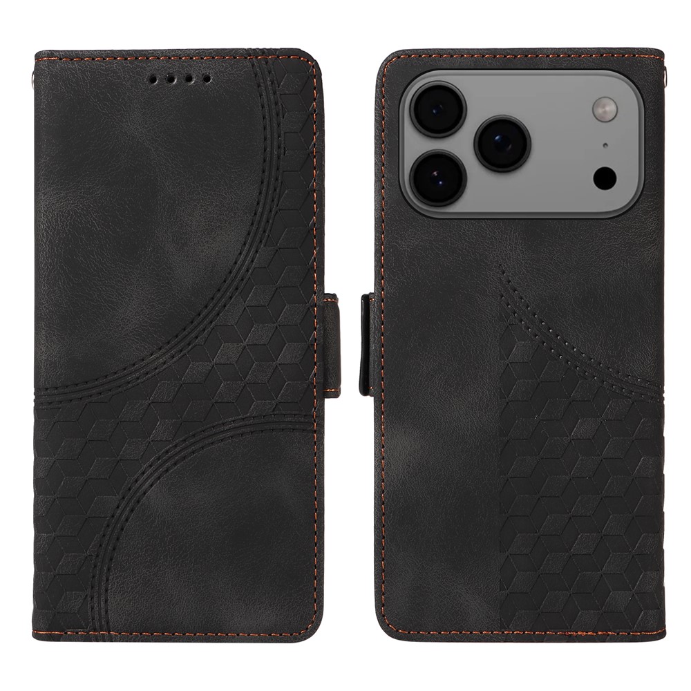 For iPhone 17 Pro Max Leather Cases Wallet Rhombus Imprinted Phone Cover Stand with Strap - Black