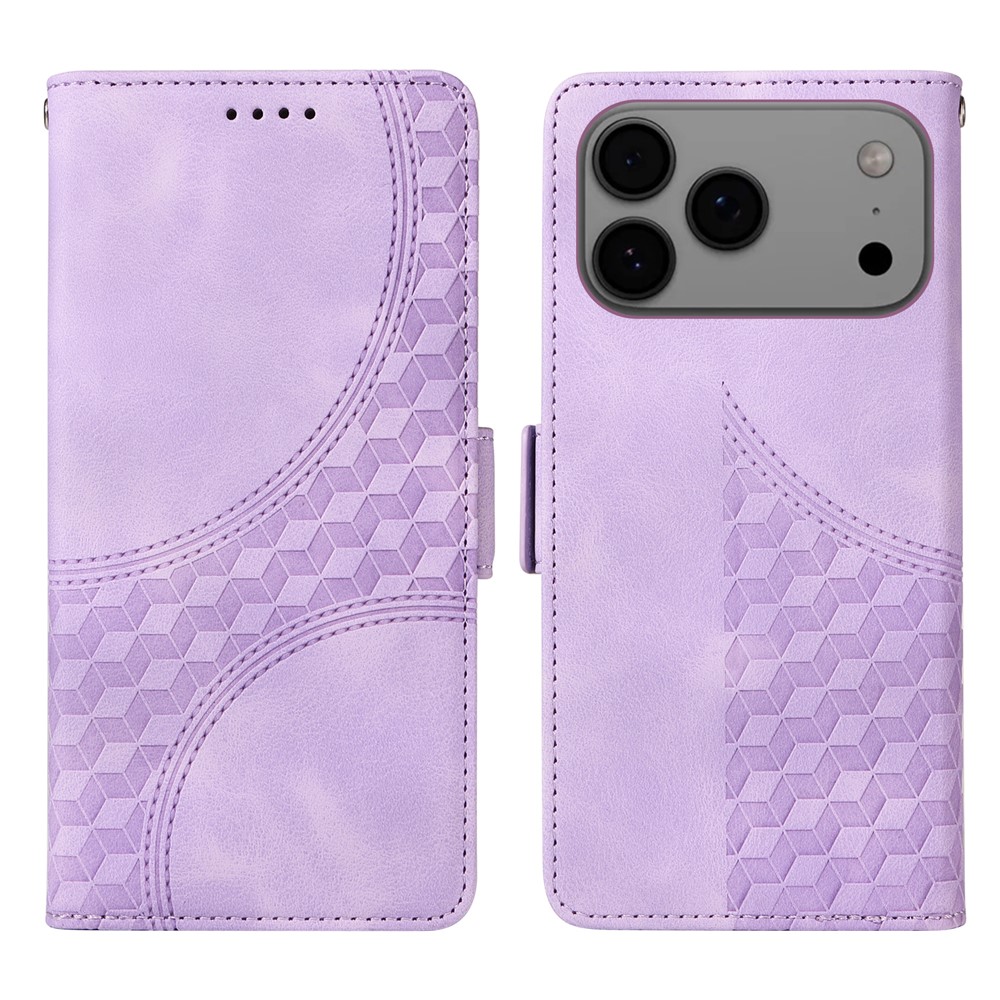 For iPhone 17 Pro Max Leather Cases Wallet Rhombus Imprinted Phone Cover Stand with Strap - Purple