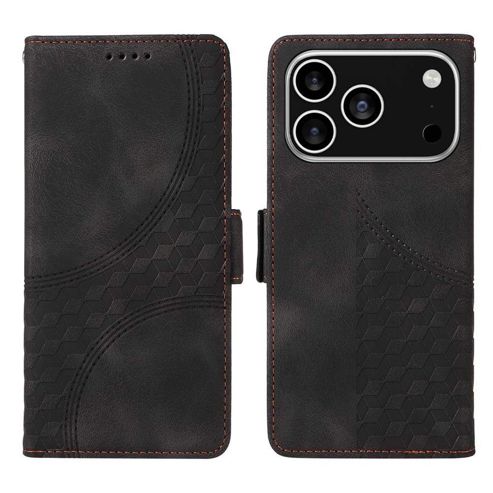 For iPhone 17 Pro Leather Cases Wallet Rhombus Imprinted Phone Cover Stand with Strap - Black
