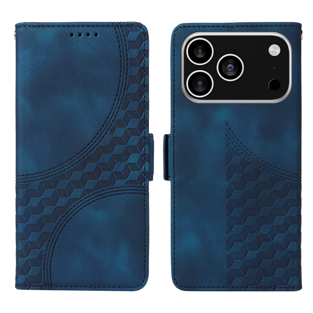 For iPhone 17 Pro Leather Cases Wallet Rhombus Imprinted Phone Cover Stand with Strap - Blue