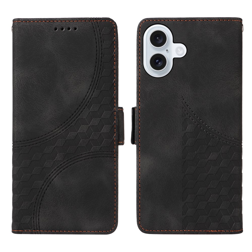 For iPhone 17 Leather Cases Wallet Rhombus Imprinted Phone Cover Stand with Strap - Black
