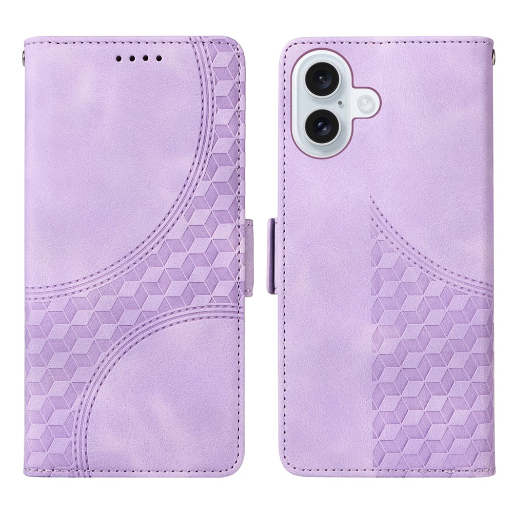 For iPhone 17 Leather Cases Wallet Rhombus Imprinted Phone Cover Stand with Strap - Purple