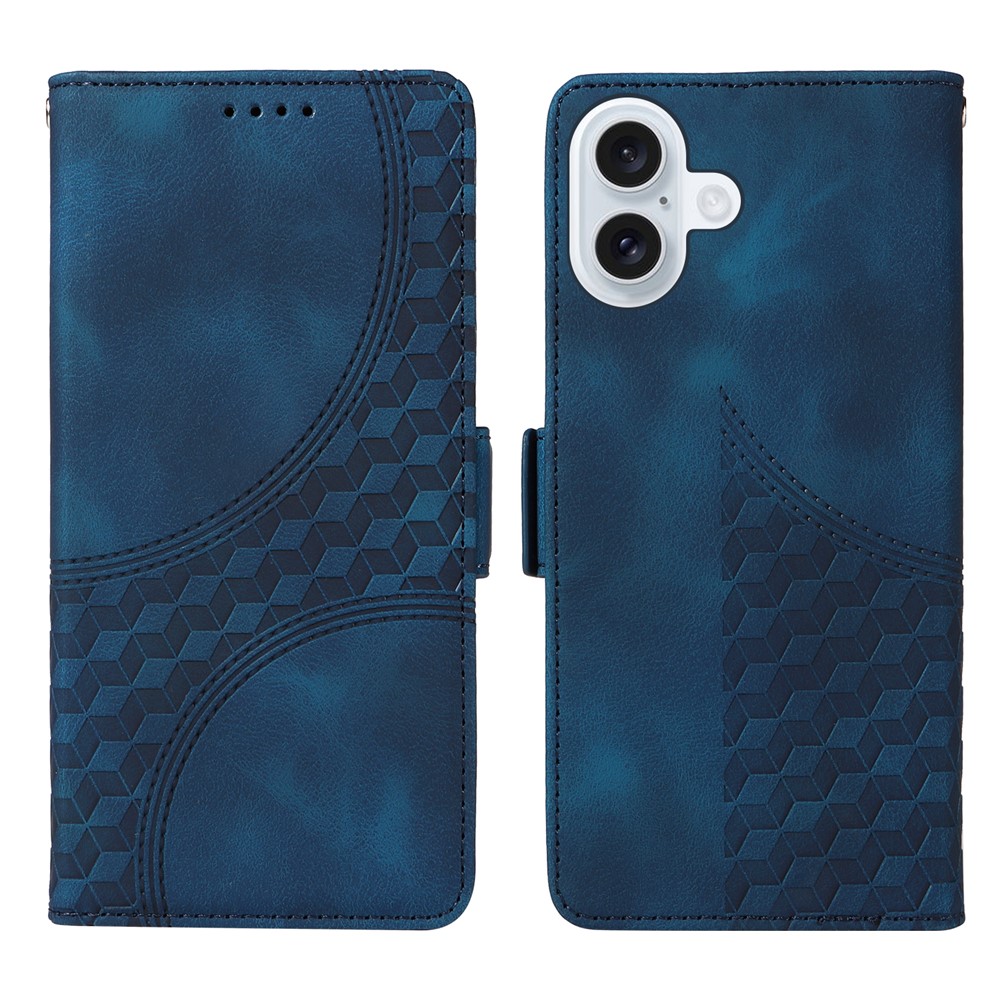 For iPhone 17 Leather Cases Wallet Rhombus Imprinted Phone Cover Stand with Strap - Blue